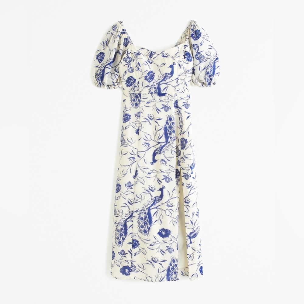 Abercrombie & Fitch Cream Midi Dress with Blue Floral & Peacock Print